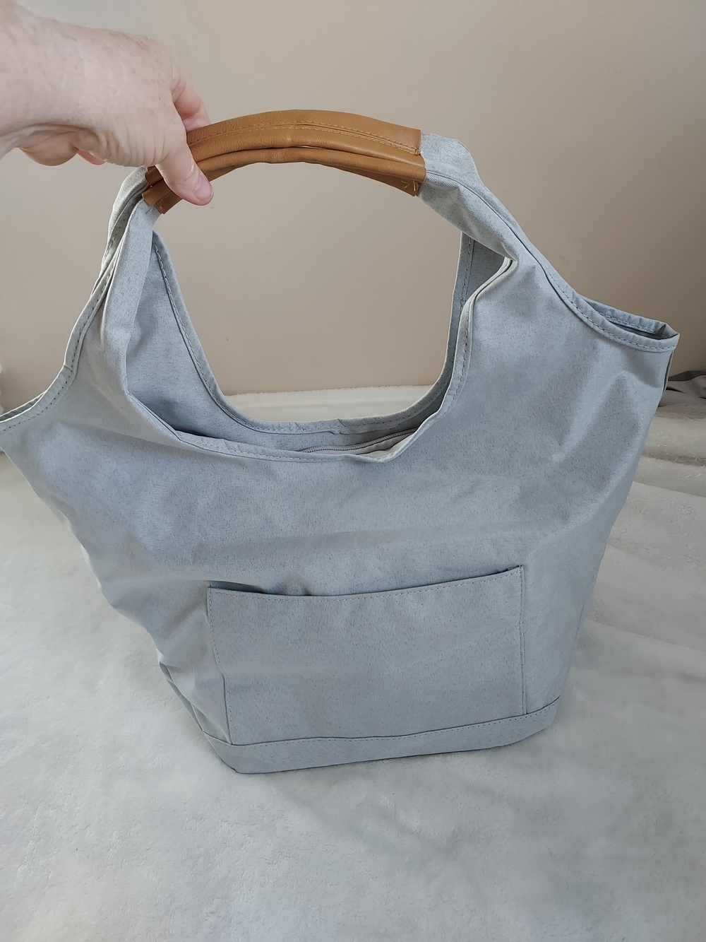 Light Gray Baby Tote Diaper Shoulder Bag with Tan Wrapped Handles